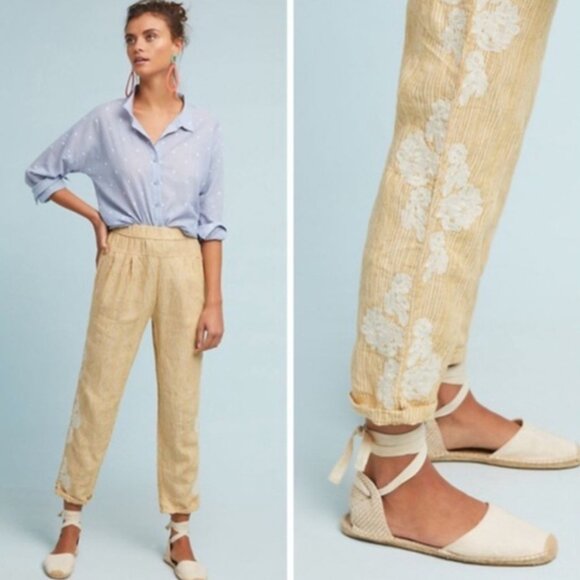 Anthropologie 100% Linen Cropped Pull On Embroidered Cropped Pants S Yellow - Picture 1 of 11